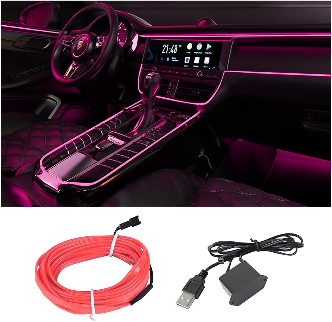 16FT EL Wire Strip Lights, USB Car Neon Trim, Sewing Edge, Pink