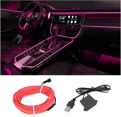 16FT EL Wire Strip Lights, USB Car Neon Trim, Sewing Edge, Pink