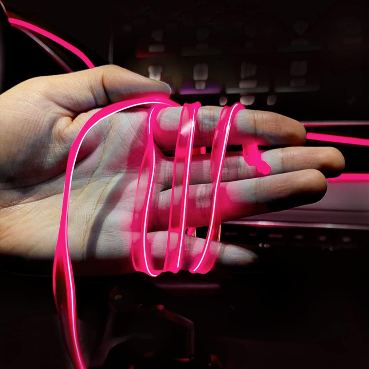 16FT EL Wire Strip Lights, USB Car Neon Trim, Sewing Edge, Pink