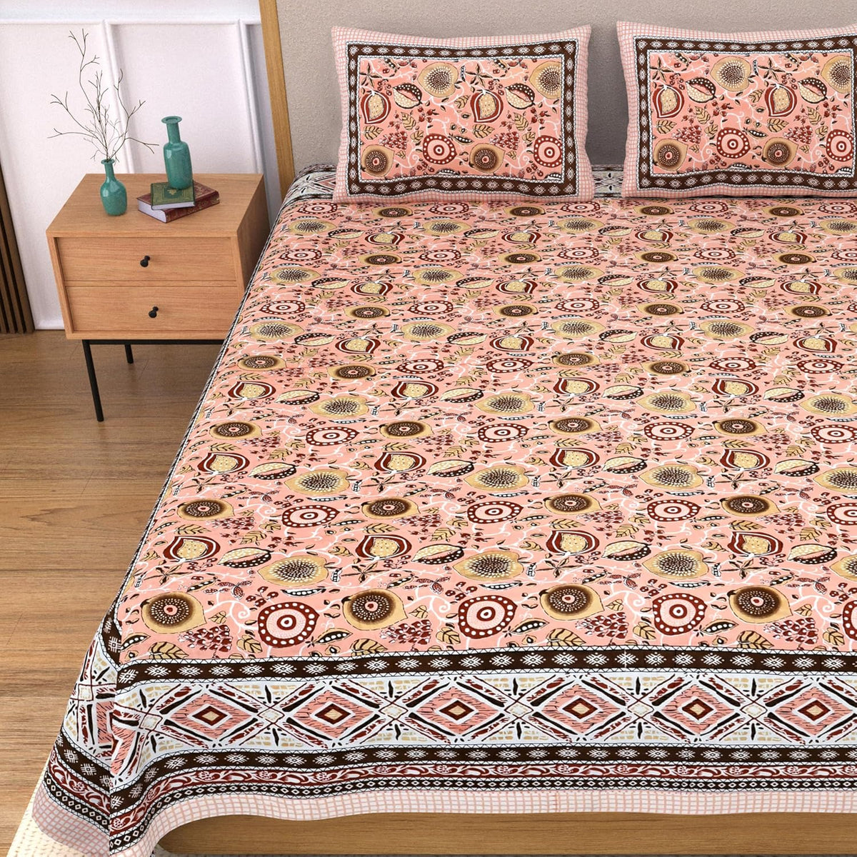 India 100% Pure Cotton Jaipuri Printed Double Bedsheet with 2 Pillow Covers | Traditional Sanganeri Floral Design | Soft Breathable Fabric | King Size Bedsheet (Peach Pink & Brown)