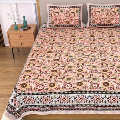 India 100% Pure Cotton Jaipuri Printed Double Bedsheet with 2 Pillow Covers | Traditional Sanganeri Floral Design | Soft Breathable Fabric | King Size Bedsheet (Peach Pink & Brown)