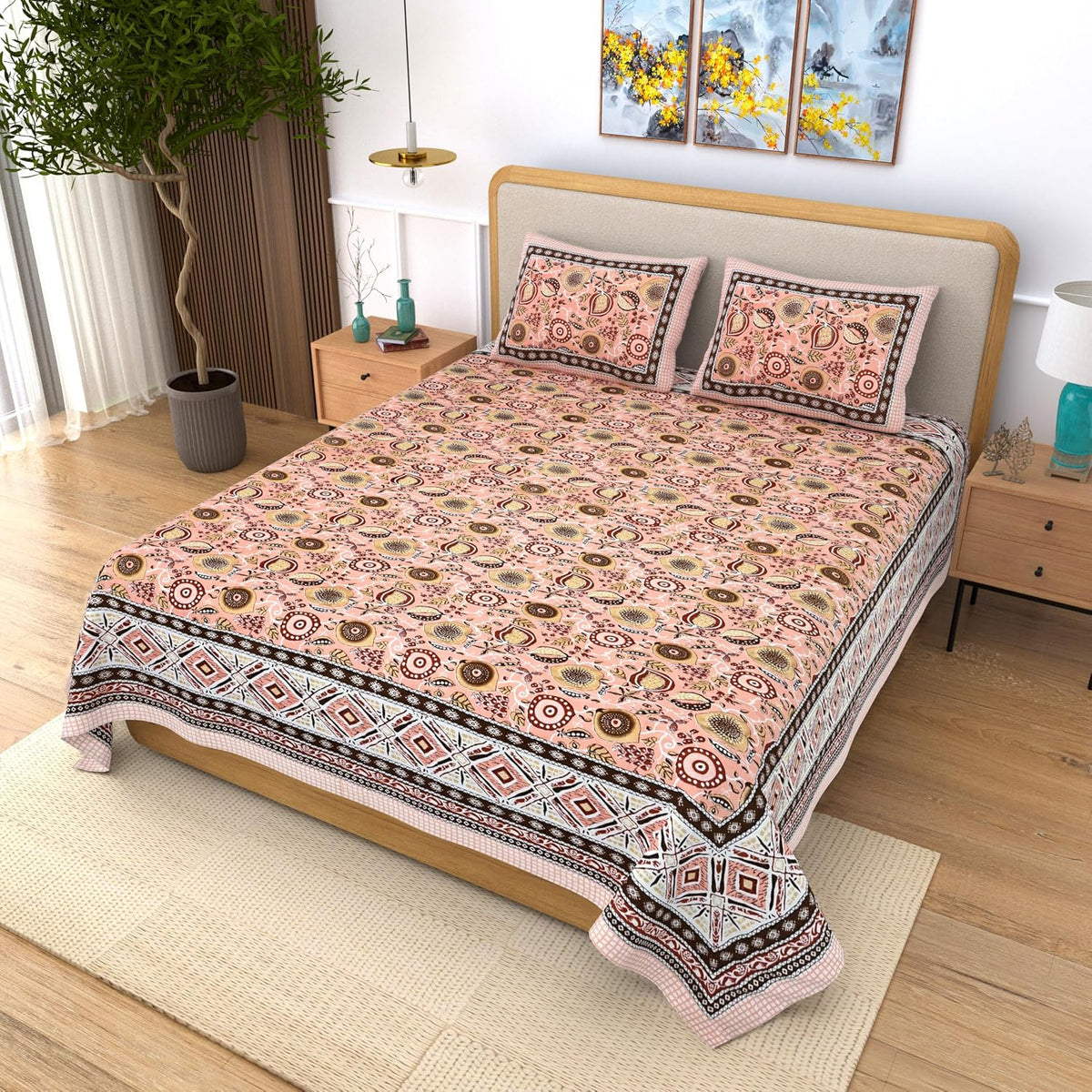 India 100% Pure Cotton Jaipuri Printed Double Bedsheet with 2 Pillow Covers | Traditional Sanganeri Floral Design | Soft Breathable Fabric | King Size Bedsheet (Peach Pink & Brown)