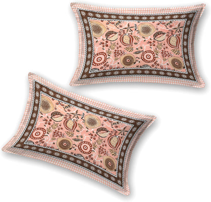 India 100% Pure Cotton Jaipuri Printed Double Bedsheet with 2 Pillow Covers | Traditional Sanganeri Floral Design | Soft Breathable Fabric | King Size Bedsheet (Peach Pink & Brown)
