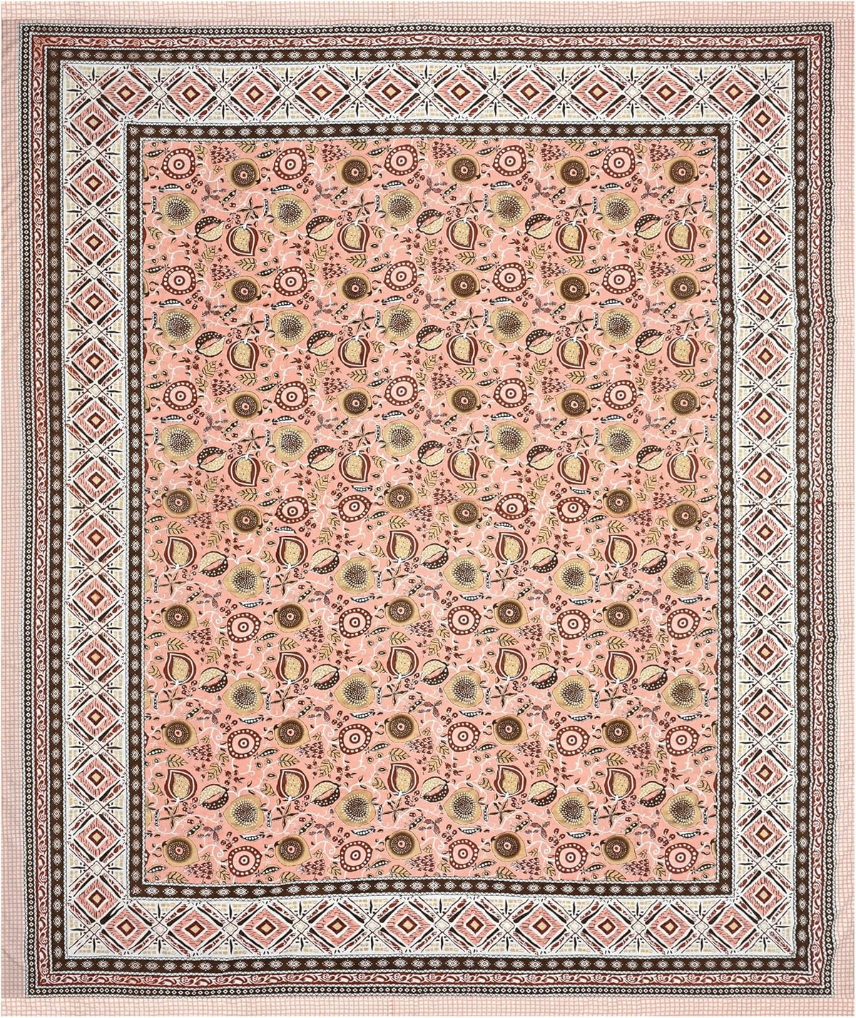 India 100% Pure Cotton Jaipuri Printed Double Bedsheet with 2 Pillow Covers | Traditional Sanganeri Floral Design | Soft Breathable Fabric | King Size Bedsheet (Peach Pink & Brown)