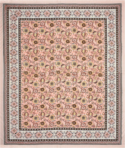 India 100% Pure Cotton Jaipuri Printed Double Bedsheet with 2 Pillow Covers | Traditional Sanganeri Floral Design | Soft Breathable Fabric | King Size Bedsheet (Peach Pink & Brown)