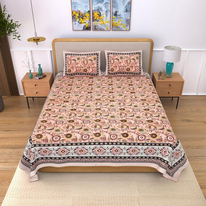India 100% Pure Cotton Jaipuri Printed Double Bedsheet with 2 Pillow Covers | Traditional Sanganeri Floral Design | Soft Breathable Fabric | King Size Bedsheet (Peach Pink & Brown)