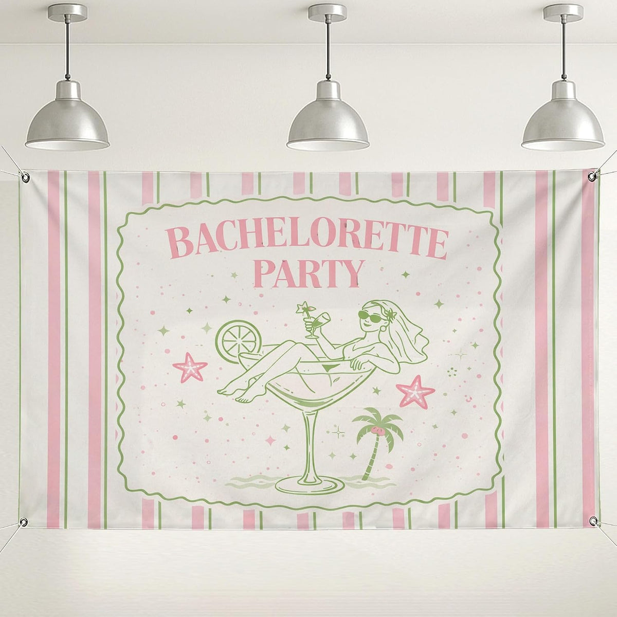 Bachelorette Party Backdrop, Retro Peach Green Striped Decoration, Fun Cocktail Theme Indoor/Outdoor Photo Background for Celebrations 71x43 Inch