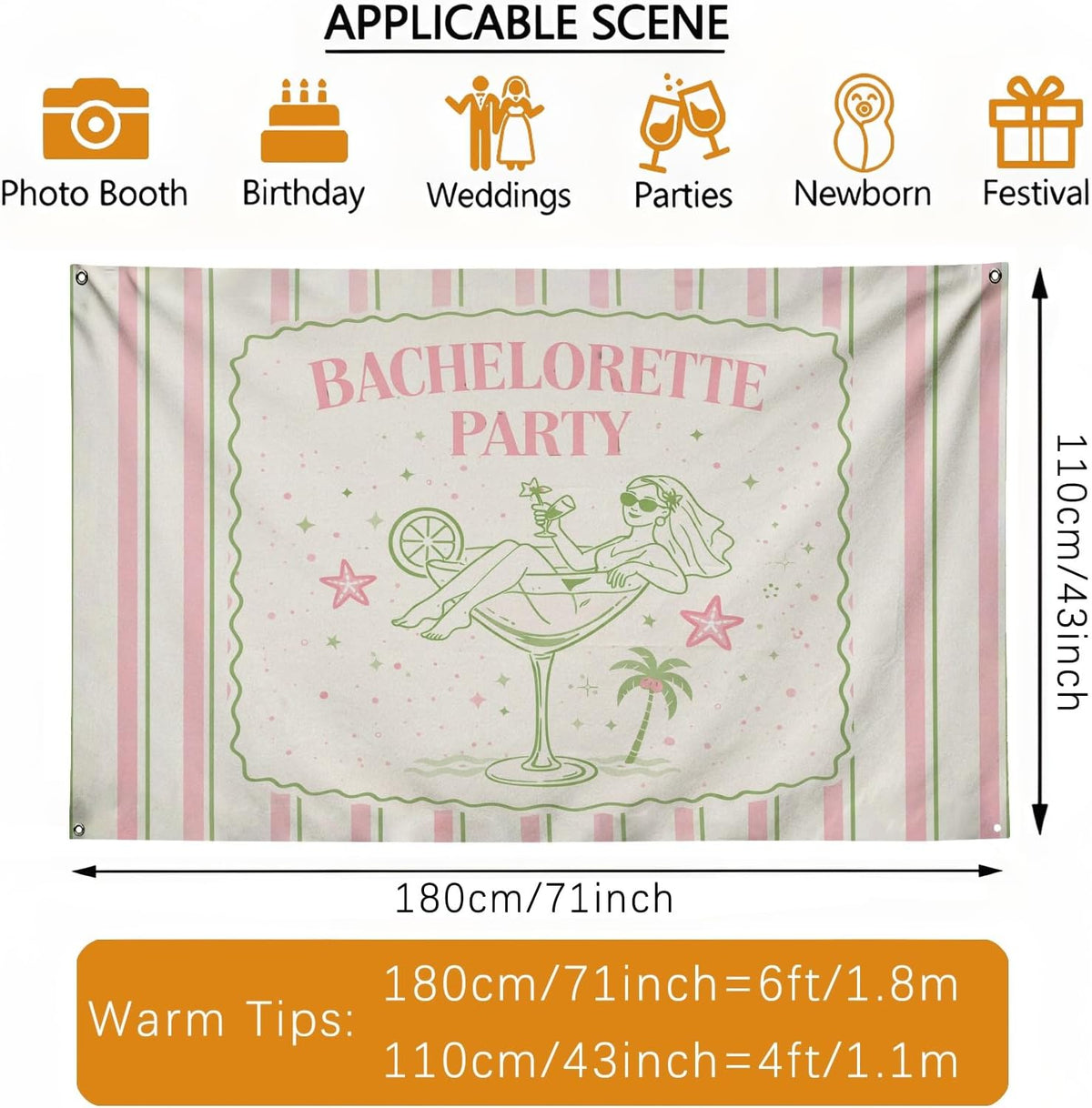 Bachelorette Party Backdrop, Retro Peach Green Striped Decoration, Fun Cocktail Theme Indoor/Outdoor Photo Background for Celebrations 71x43 Inch