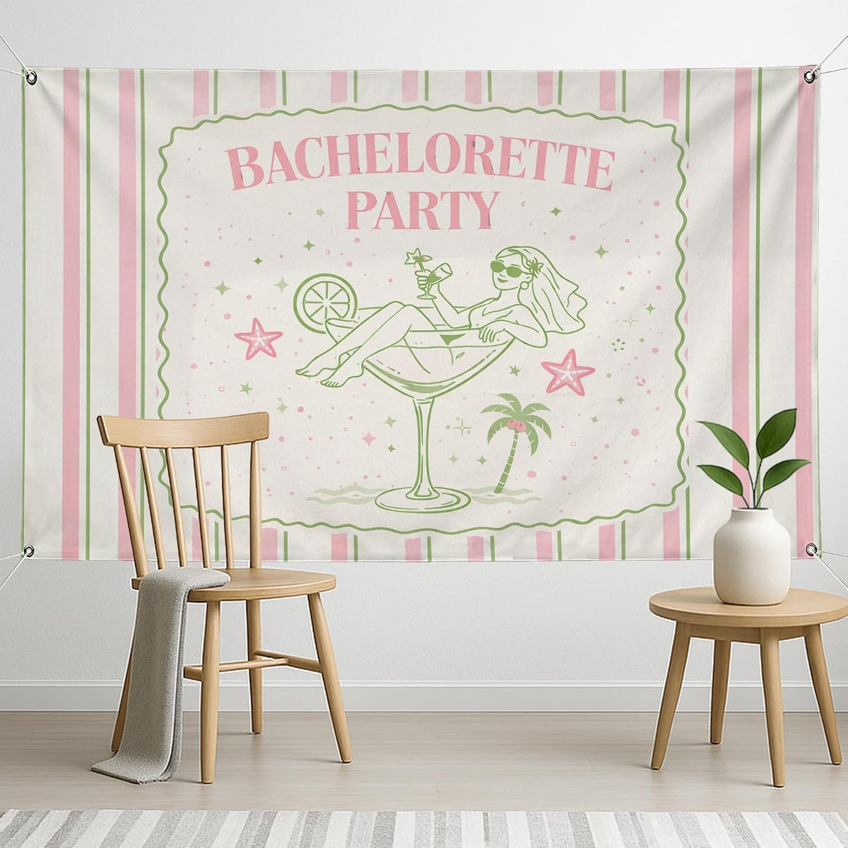 Bachelorette Party Backdrop, Retro Peach Green Striped Decoration, Fun Cocktail Theme Indoor/Outdoor Photo Background for Celebrations 71x43 Inch