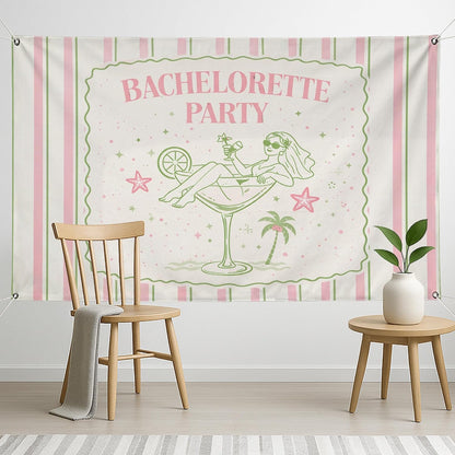Bachelorette Party Backdrop, Retro Peach Green Striped Decoration, Fun Cocktail Theme Indoor/Outdoor Photo Background for Celebrations 71x43 Inch