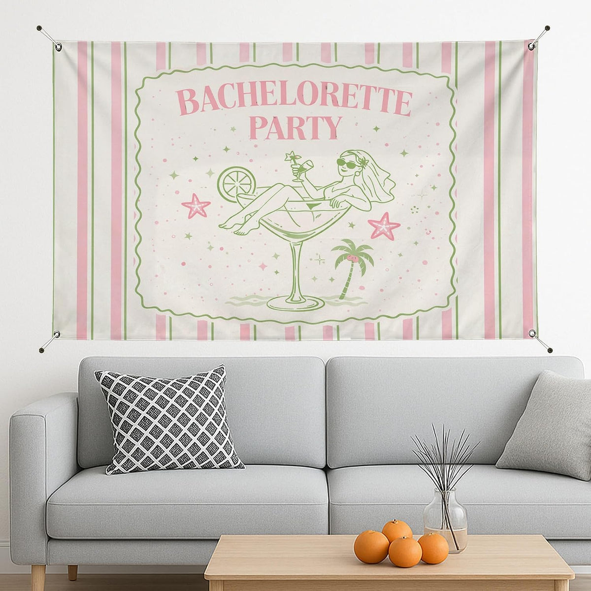 Bachelorette Party Backdrop, Retro Peach Green Striped Decoration, Fun Cocktail Theme Indoor/Outdoor Photo Background for Celebrations 71x43 Inch