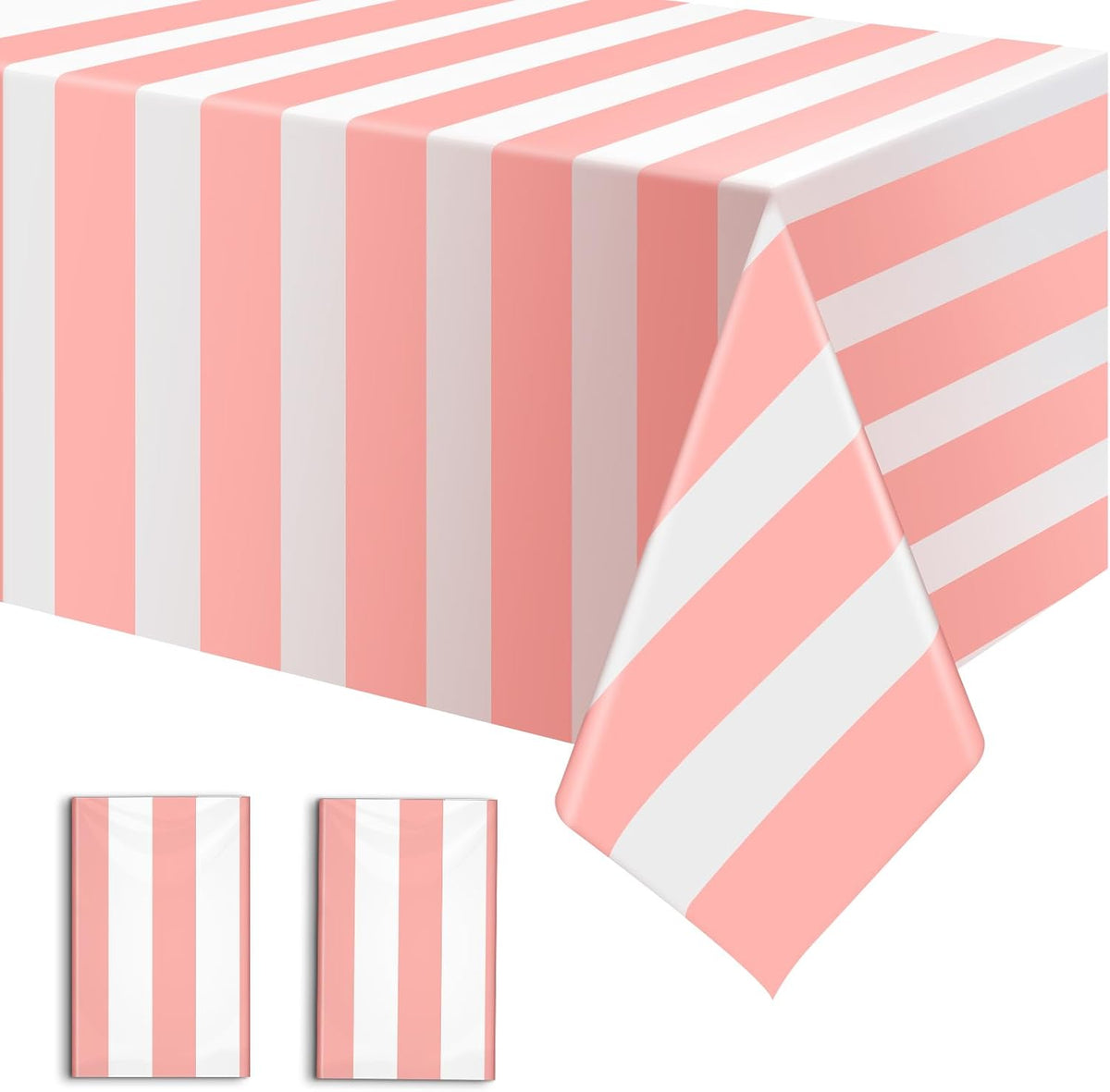 2 Pack Pink and White Striped Tablecloth, 54 x 108 Inch Waterproof Disposable Plastic Table Cover, Rectangular Table Cloths for Birthday Baby Shower Girl's Birthday Party Decoration