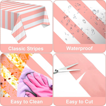 2 Pack Pink and White Striped Tablecloth, 54 x 108 Inch Waterproof Disposable Plastic Table Cover, Rectangular Table Cloths for Birthday Baby Shower Girl's Birthday Party Decoration