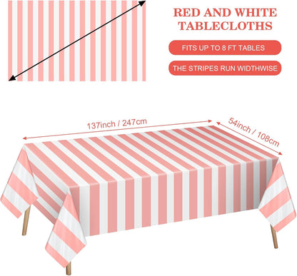 2 Pack Pink and White Striped Tablecloth, 54 x 108 Inch Waterproof Disposable Plastic Table Cover, Rectangular Table Cloths for Birthday Baby Shower Girl's Birthday Party Decoration