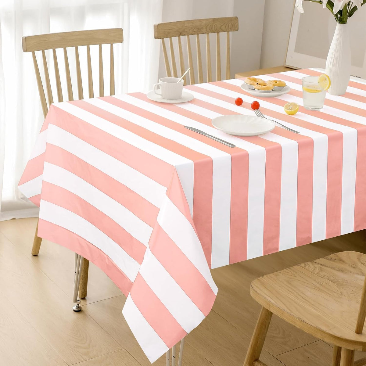 2 Pack Pink and White Striped Tablecloth, 54 x 108 Inch Waterproof Disposable Plastic Table Cover, Rectangular Table Cloths for Birthday Baby Shower Girl's Birthday Party Decoration