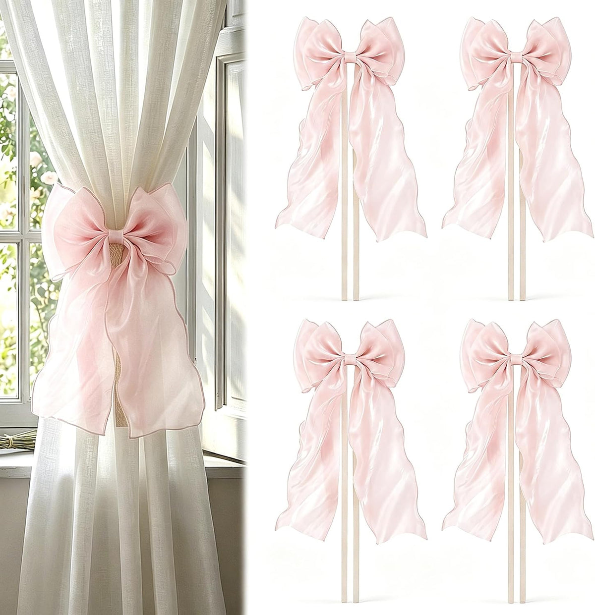 4 Pack French Silky Bow Curtain Tiebacks, Pink Ribbon Bow Ties for Aesthetic Home Decor, Wedding, Party, Office