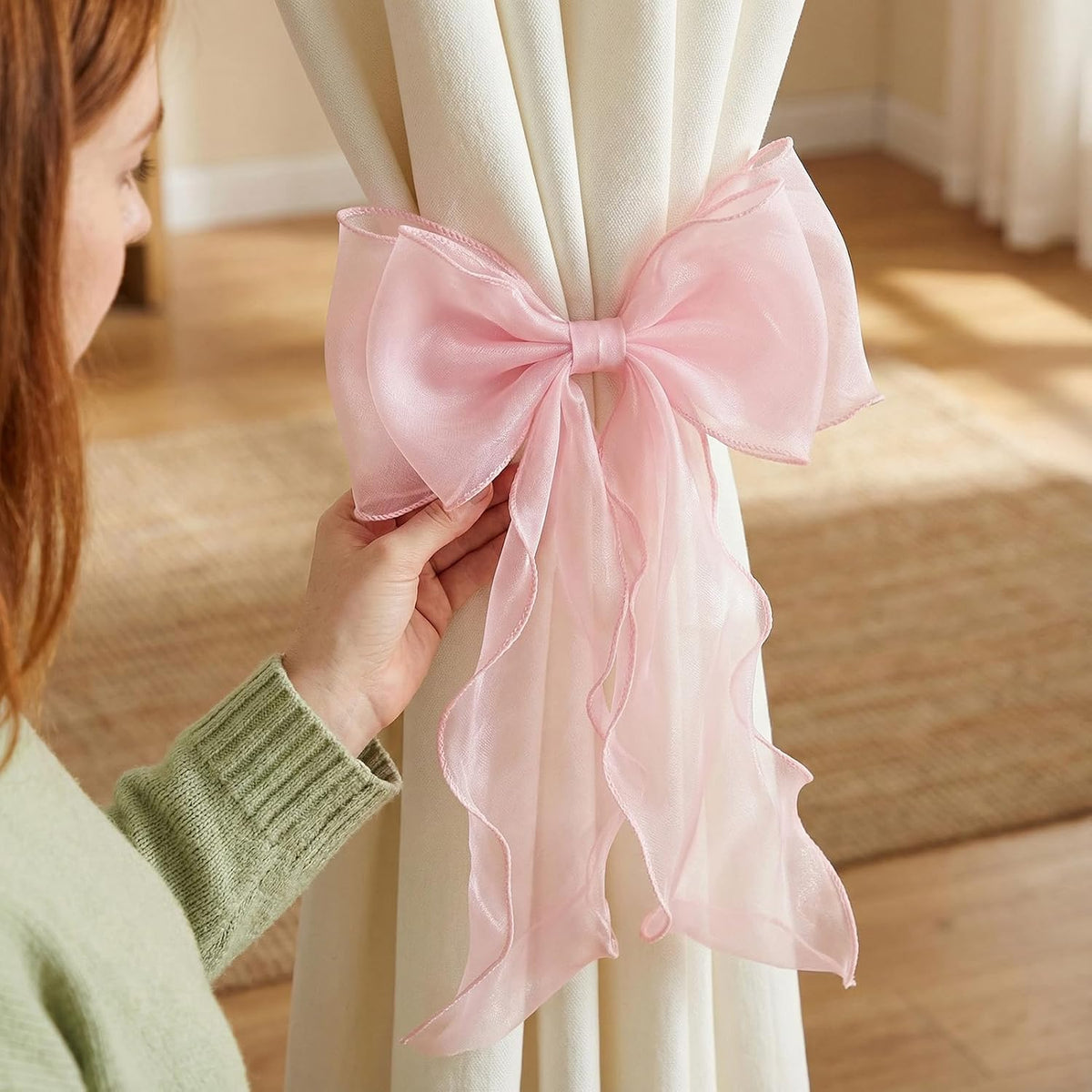 4 Pack French Silky Bow Curtain Tiebacks, Pink Ribbon Bow Ties for Aesthetic Home Decor, Wedding, Party, Office