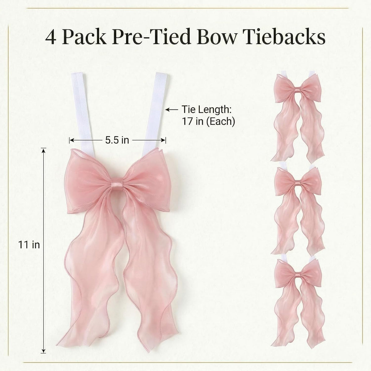 4 Pack French Silky Bow Curtain Tiebacks, Pink Ribbon Bow Ties for Aesthetic Home Decor, Wedding, Party, Office