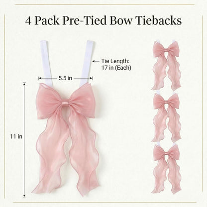 4 Pack French Silky Bow Curtain Tiebacks, Pink Ribbon Bow Ties for Aesthetic Home Decor, Wedding, Party, Office