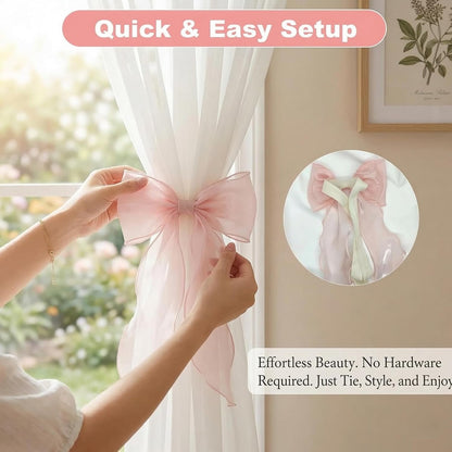4 Pack French Silky Bow Curtain Tiebacks, Pink Ribbon Bow Ties for Aesthetic Home Decor, Wedding, Party, Office