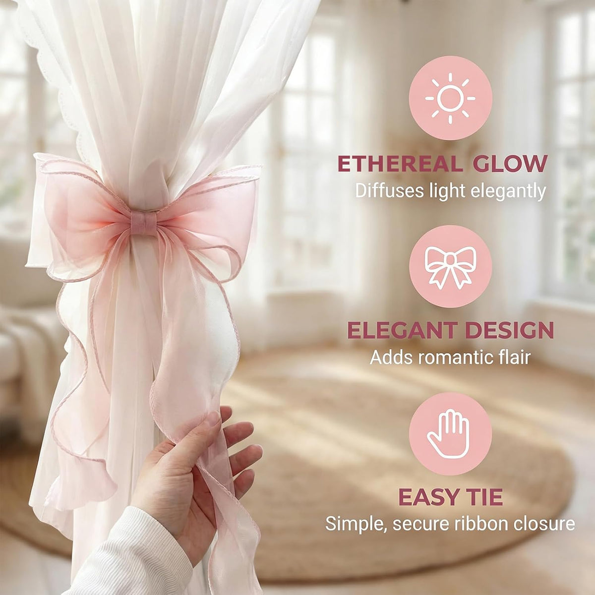 4 Pack French Silky Bow Curtain Tiebacks, Pink Ribbon Bow Ties for Aesthetic Home Decor, Wedding, Party, Office