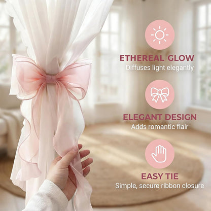 4 Pack French Silky Bow Curtain Tiebacks, Pink Ribbon Bow Ties for Aesthetic Home Decor, Wedding, Party, Office