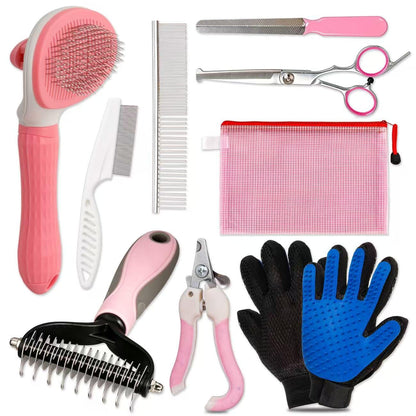 Dog Brush for Shedding 10 Pcs Set, Pet Grooming Kit Tools Pet Nail Clippers Nail Files Flea Comb, Pet Undercoat Long Hair Brush Suitable for Dogs and Cats (Pink)