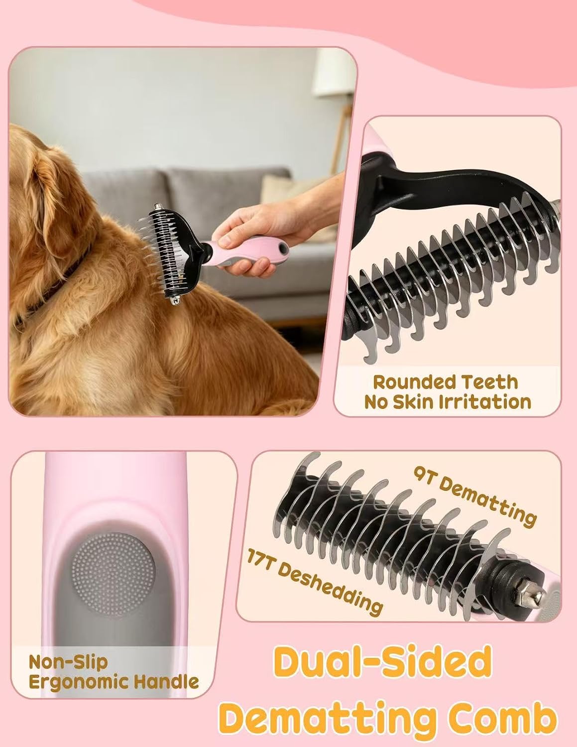 Dog Brush for Shedding 10 Pcs Set, Pet Grooming Kit Tools Pet Nail Clippers Nail Files Flea Comb, Pet Undercoat Long Hair Brush Suitable for Dogs and Cats (Pink)