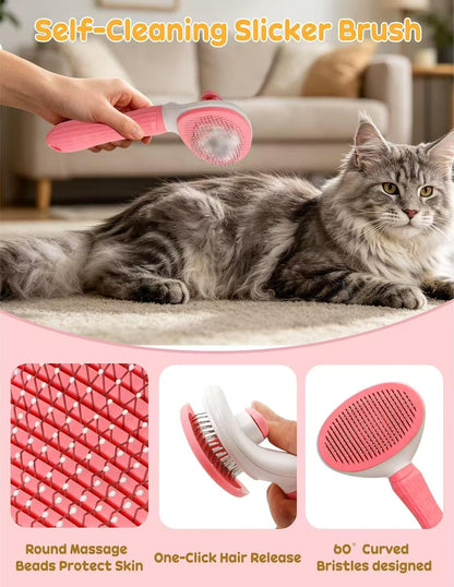 Dog Brush for Shedding 10 Pcs Set, Pet Grooming Kit Tools Pet Nail Clippers Nail Files Flea Comb, Pet Undercoat Long Hair Brush Suitable for Dogs and Cats (Pink)