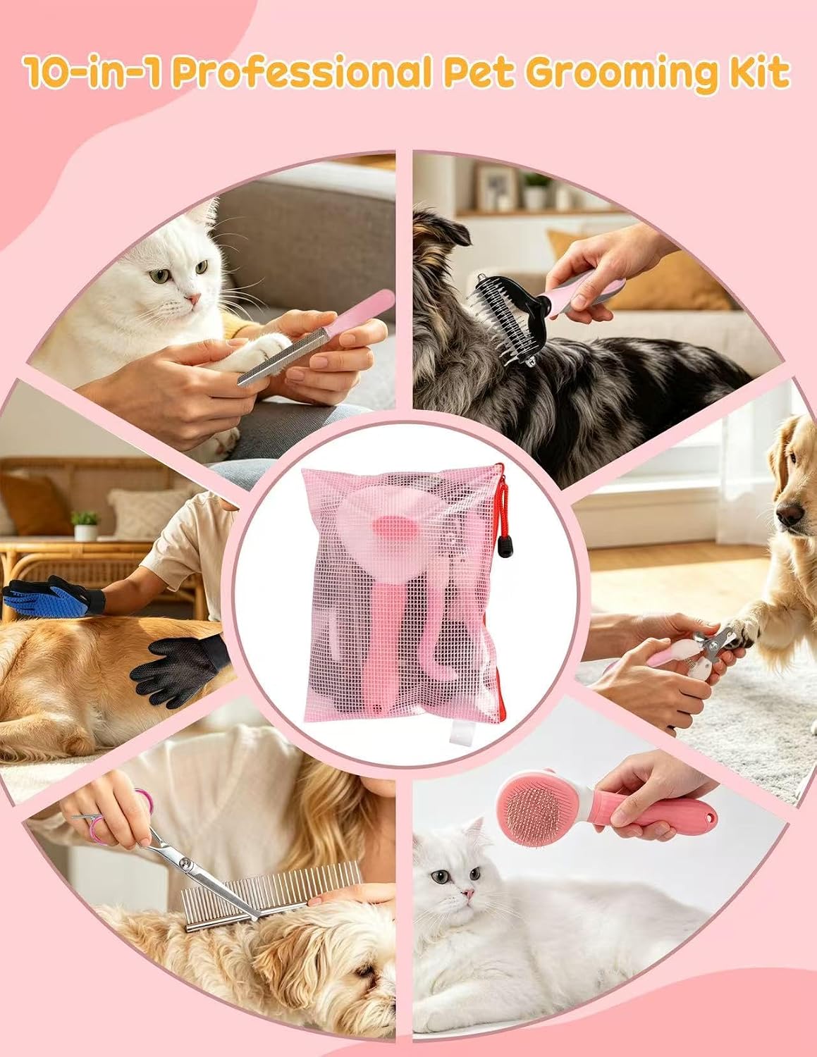Dog Brush for Shedding 10 Pcs Set, Pet Grooming Kit Tools Pet Nail Clippers Nail Files Flea Comb, Pet Undercoat Long Hair Brush Suitable for Dogs and Cats (Pink)