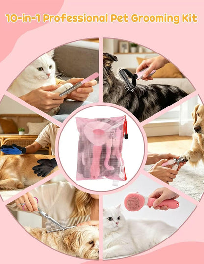 Dog Brush for Shedding 10 Pcs Set, Pet Grooming Kit Tools Pet Nail Clippers Nail Files Flea Comb, Pet Undercoat Long Hair Brush Suitable for Dogs and Cats (Pink)