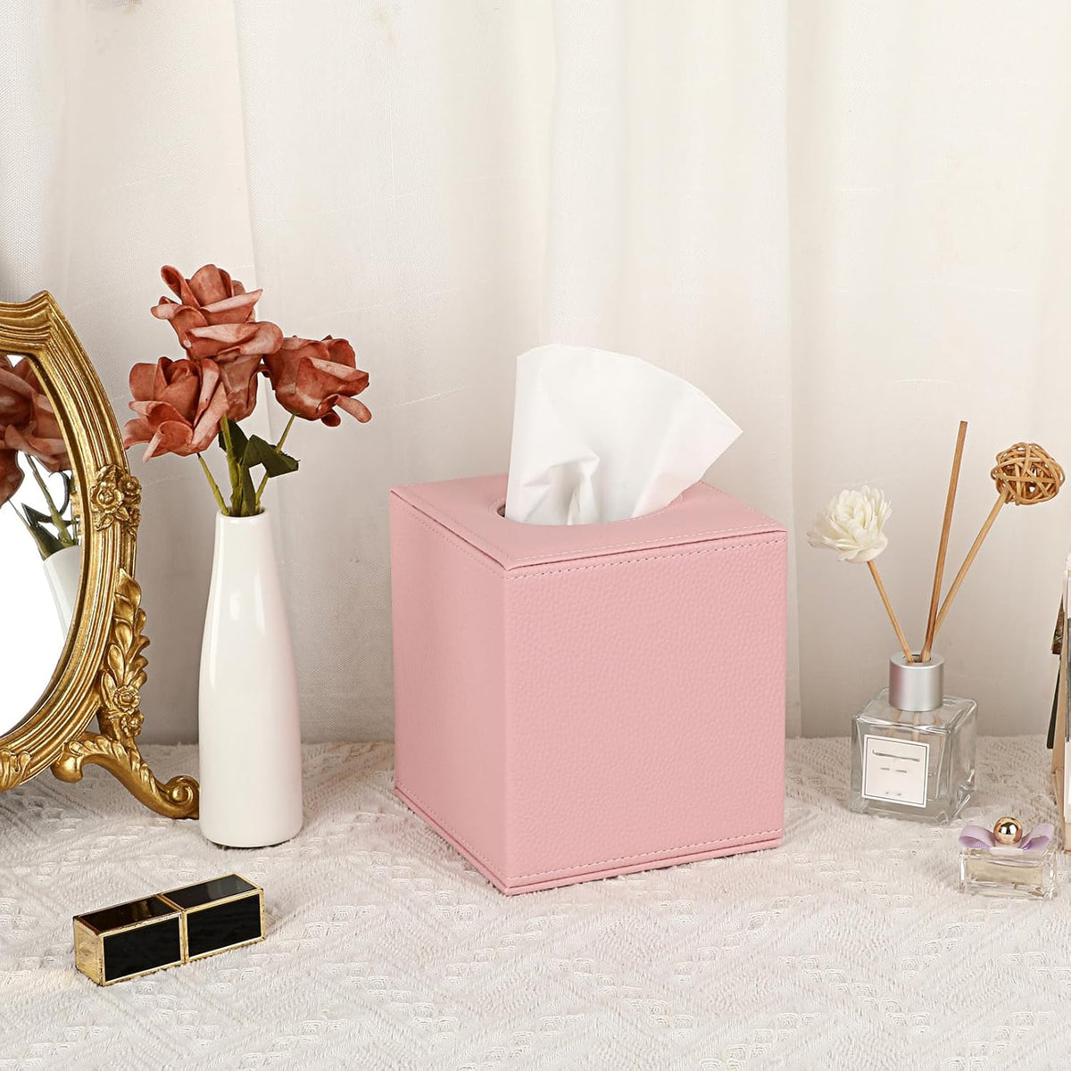 Tissue Box Cover Square,Magnetic Bottom PU Tissue Box Holder,Pink