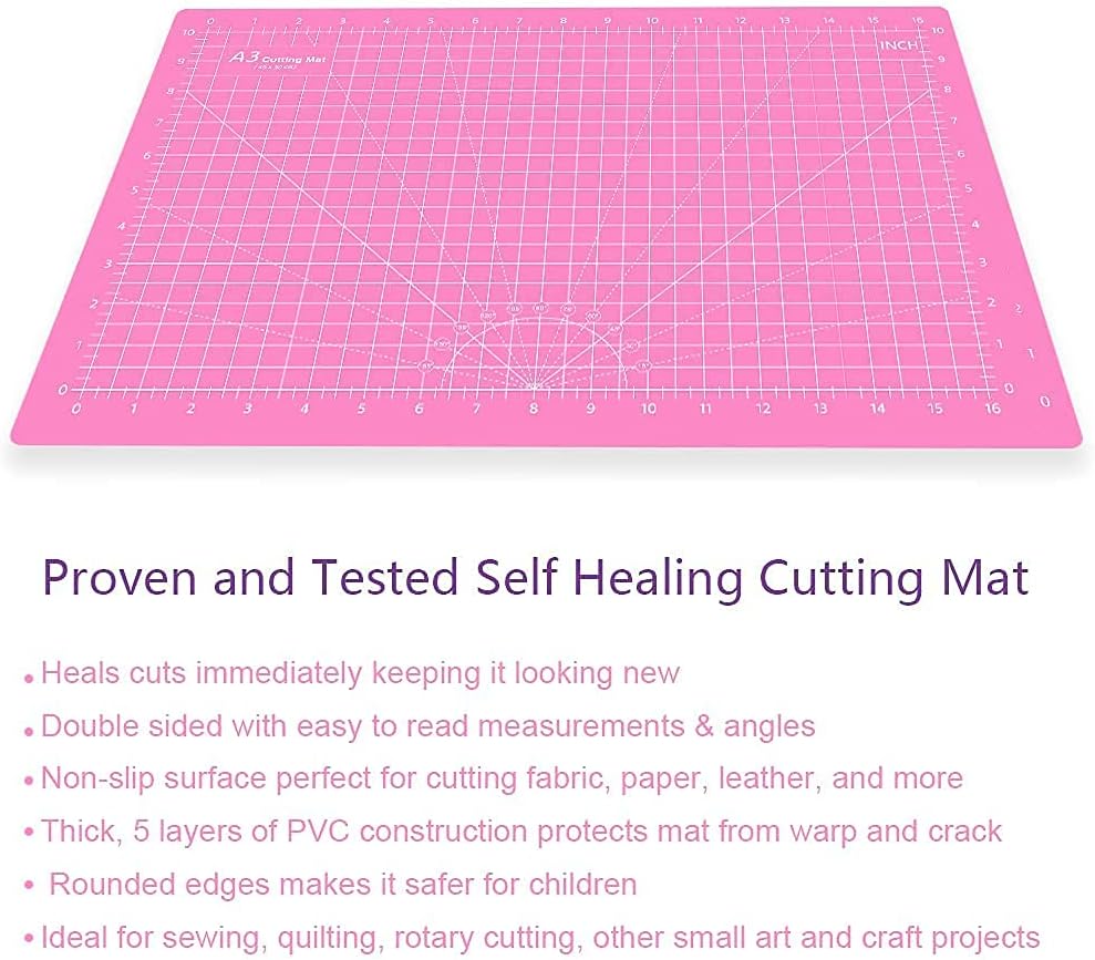 18"x12" Thickened Self Healing Cutting Mat, A3 Rotary Cutting Sewing Mat for Crafts, Double Sided 5-Ply Table Cutting Board for Fabric Quilting Art Hobby Project, Pink/Purple