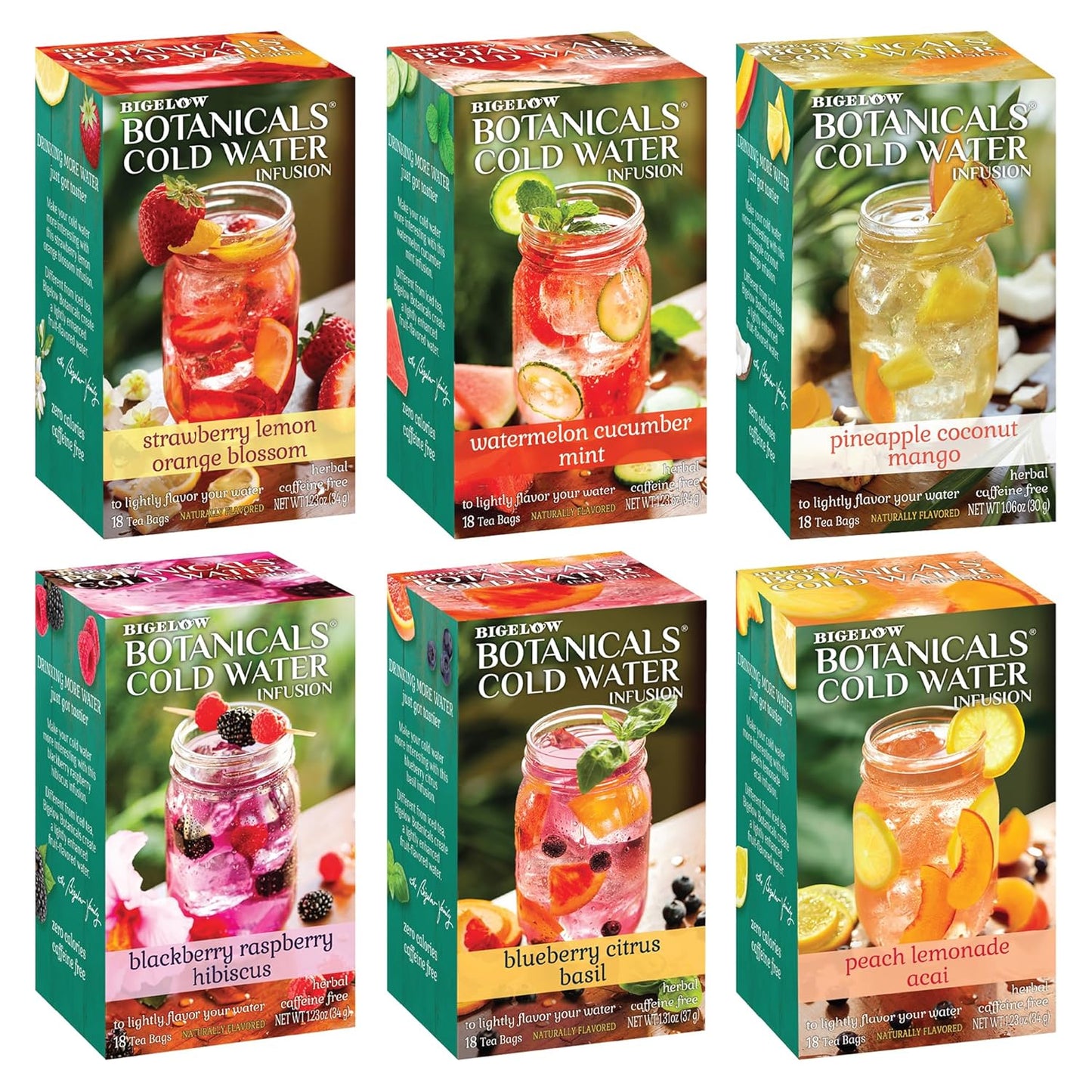 Botanicals Cold Water Infusion Herbal Variety Pack, Caffeine Free Tea with Cranberry, Watermelon, Blackberry, Strawberry, Peach & Blueberry Flavor, 18 Count Box (Pack of 6), 108 Total Tea Bags