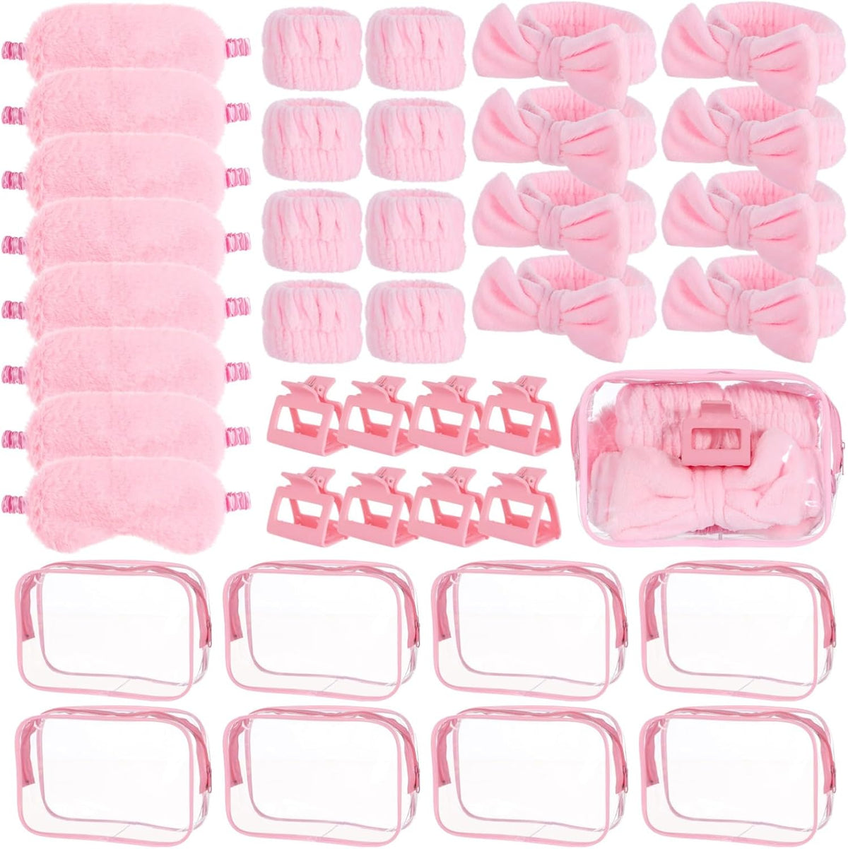 8 Sets Sleepover Party Supplies, Pink Spa Party Favors Including Headbands, Eyemasks, Wristbands, Claw Clips, and Cosmetic Bags, Slumber Party Accessories