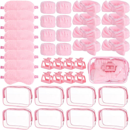 8 Sets Sleepover Party Supplies, Pink Spa Party Favors Including Headbands, Eyemasks, Wristbands, Claw Clips, and Cosmetic Bags, Slumber Party Accessories