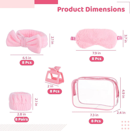 8 Sets Sleepover Party Supplies, Pink Spa Party Favors Including Headbands, Eyemasks, Wristbands, Claw Clips, and Cosmetic Bags, Slumber Party Accessories