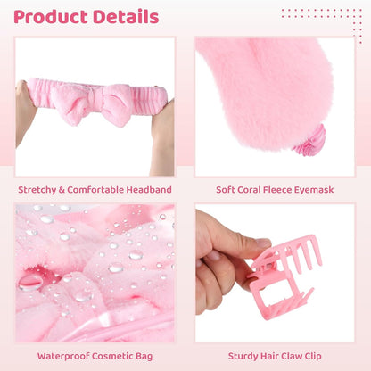 8 Sets Sleepover Party Supplies, Pink Spa Party Favors Including Headbands, Eyemasks, Wristbands, Claw Clips, and Cosmetic Bags, Slumber Party Accessories