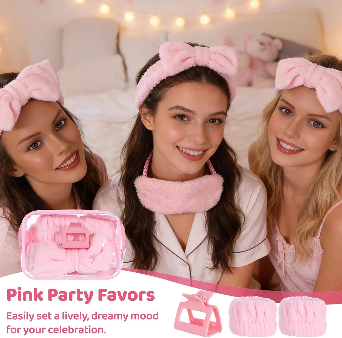8 Sets Sleepover Party Supplies, Pink Spa Party Favors Including Headbands, Eyemasks, Wristbands, Claw Clips, and Cosmetic Bags, Slumber Party Accessories