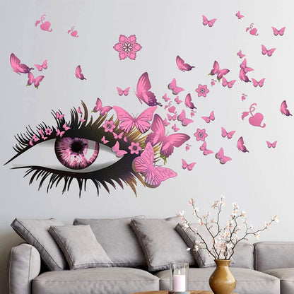 Creative Beautiful Girl Eyes Wall Sticker, Pink Flying Butterfly Wall Decals, Girl Long Eyelashes Heart Décor, DIY Art Vinyl Mural for Couple Lovers Girls Bedroom Living Room Decoration