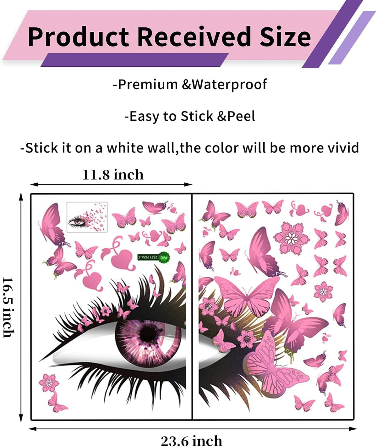 Creative Beautiful Girl Eyes Wall Sticker, Pink Flying Butterfly Wall Decals, Girl Long Eyelashes Heart Décor, DIY Art Vinyl Mural for Couple Lovers Girls Bedroom Living Room Decoration