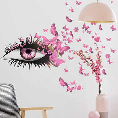 Creative Beautiful Girl Eyes Wall Sticker, Pink Flying Butterfly Wall Decals, Girl Long Eyelashes Heart Décor, DIY Art Vinyl Mural for Couple Lovers Girls Bedroom Living Room Decoration