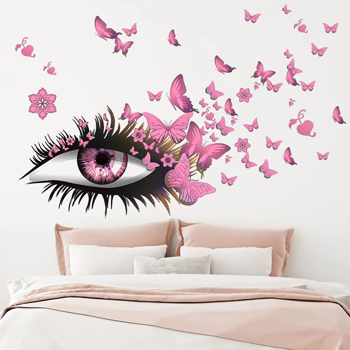 Creative Beautiful Girl Eyes Wall Sticker, Pink Flying Butterfly Wall Decals, Girl Long Eyelashes Heart Décor, DIY Art Vinyl Mural for Couple Lovers Girls Bedroom Living Room Decoration