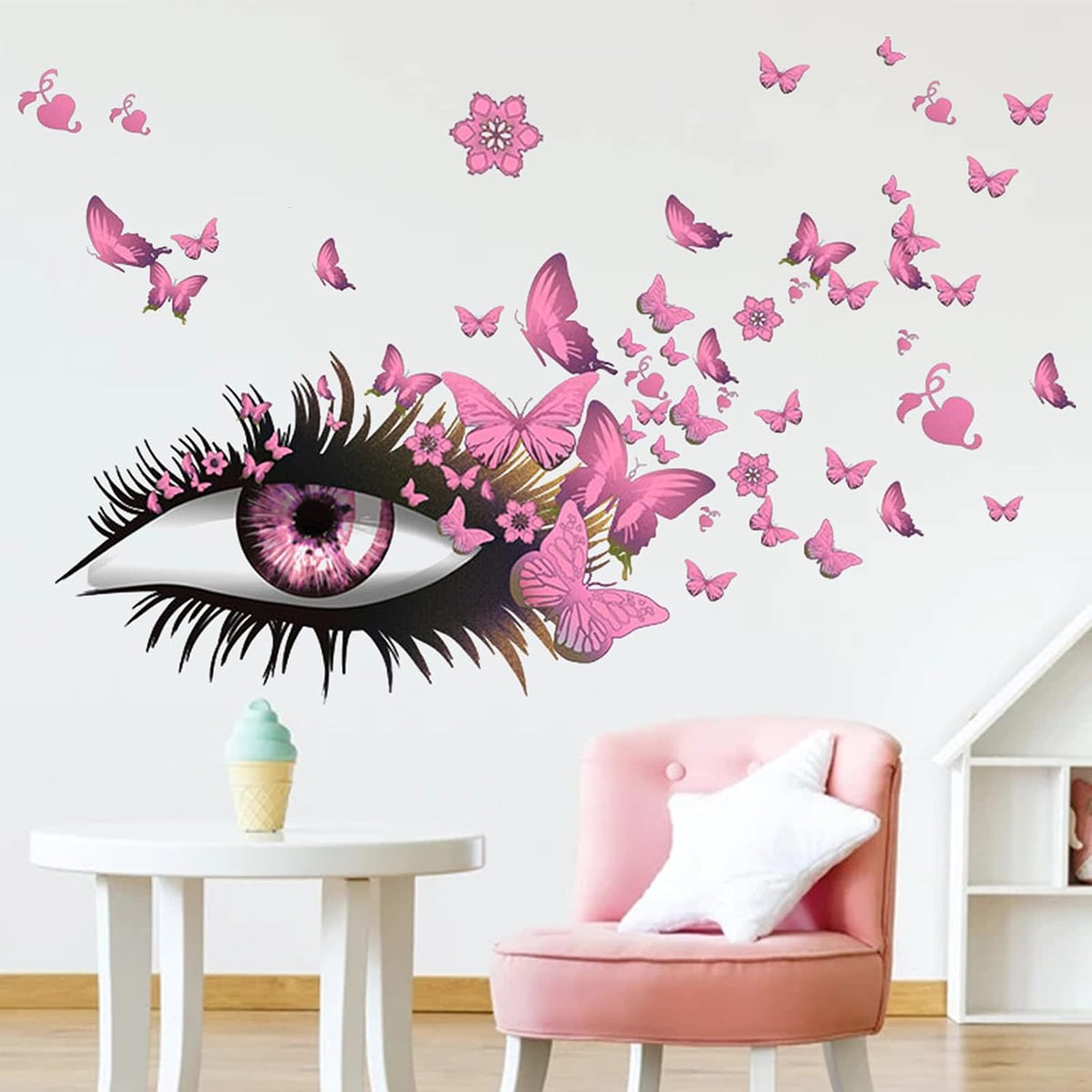 Creative Beautiful Girl Eyes Wall Sticker, Pink Flying Butterfly Wall Decals, Girl Long Eyelashes Heart Décor, DIY Art Vinyl Mural for Couple Lovers Girls Bedroom Living Room Decoration