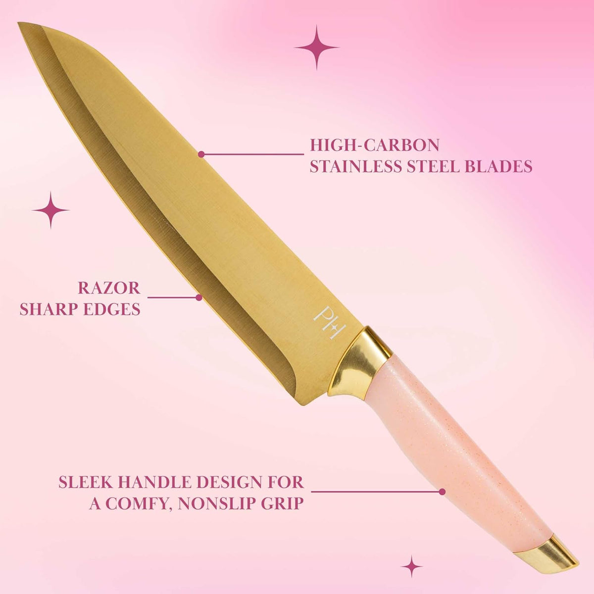 Paris Hilton Knife Block Set with Magnetic Wooden Knife Block, High Carbon Stainless Steel Blades with Titanium Coating, Sleek Comfortable Grip Handles, 6-Piece Set, Pink and Gold