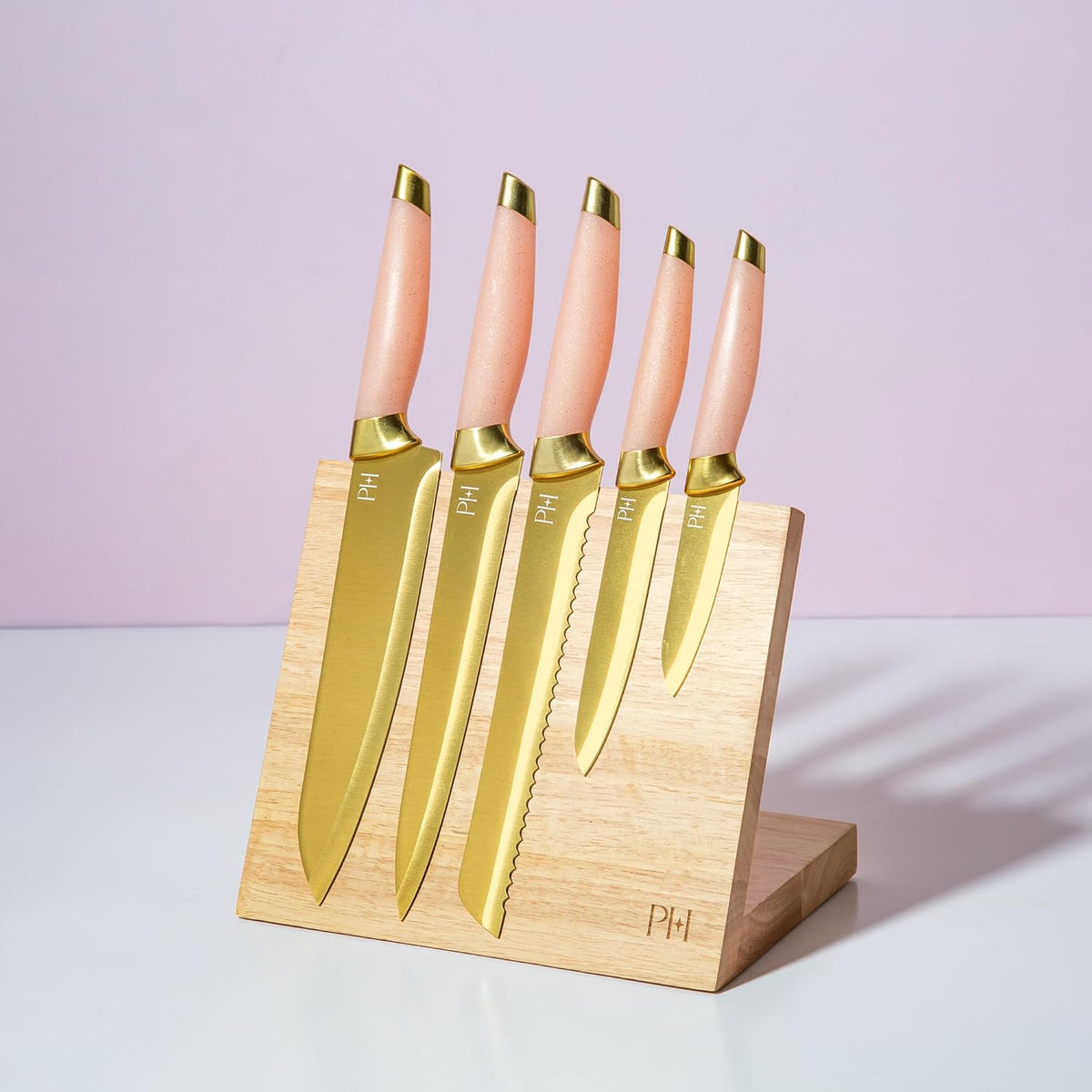 Paris Hilton Knife Block Set with Magnetic Wooden Knife Block, High Carbon Stainless Steel Blades with Titanium Coating, Sleek Comfortable Grip Handles, 6-Piece Set, Pink and Gold