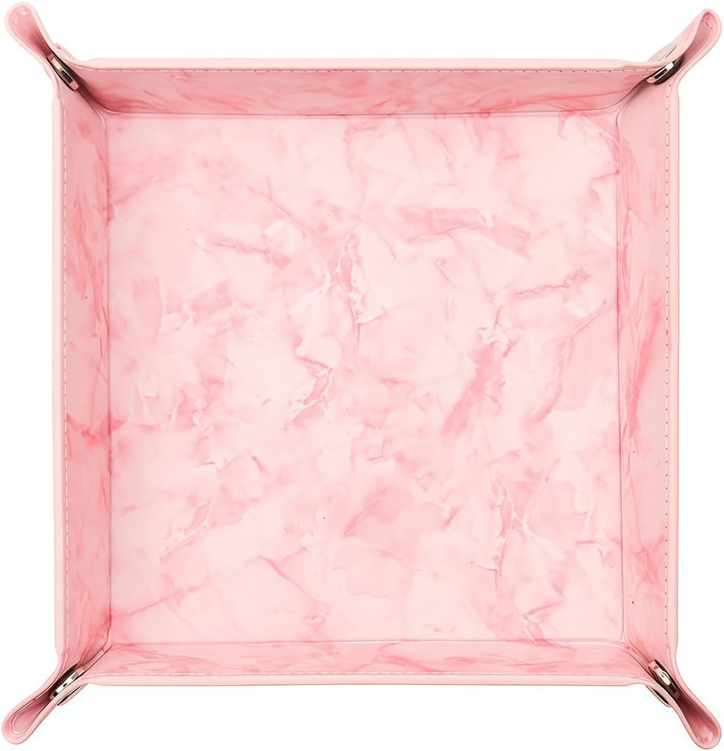 Valet Tray Desktop Storage Organizer – Vegan Leather Catchall Bedside Vanity Tray Nightstand Caddy Holder for Remote Controller, Watch, Keys, Phone, Wallet, Coin, Jewelry, Marble Pink