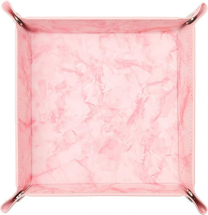 Valet Tray Desktop Storage Organizer – Vegan Leather Catchall Bedside Vanity Tray Nightstand Caddy Holder for Remote Controller, Watch, Keys, Phone, Wallet, Coin, Jewelry, Marble Pink
