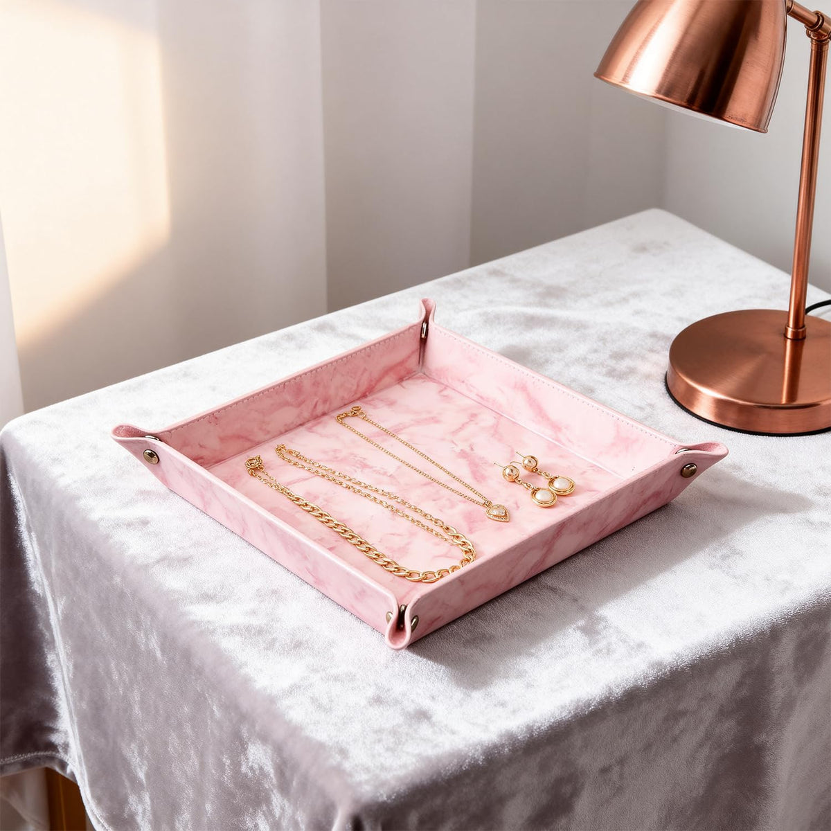 Valet Tray Desktop Storage Organizer – Vegan Leather Catchall Bedside Vanity Tray Nightstand Caddy Holder for Remote Controller, Watch, Keys, Phone, Wallet, Coin, Jewelry, Marble Pink