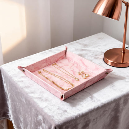 Valet Tray Desktop Storage Organizer – Vegan Leather Catchall Bedside Vanity Tray Nightstand Caddy Holder for Remote Controller, Watch, Keys, Phone, Wallet, Coin, Jewelry, Marble Pink